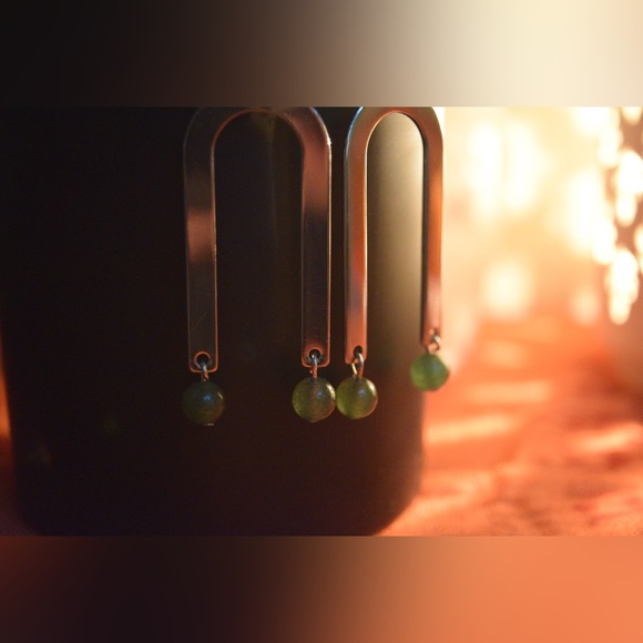 Handmade Green Aventurine Arch Earrings - All NATURAL Gemstones - Nickel Free - Picture 3 of 4